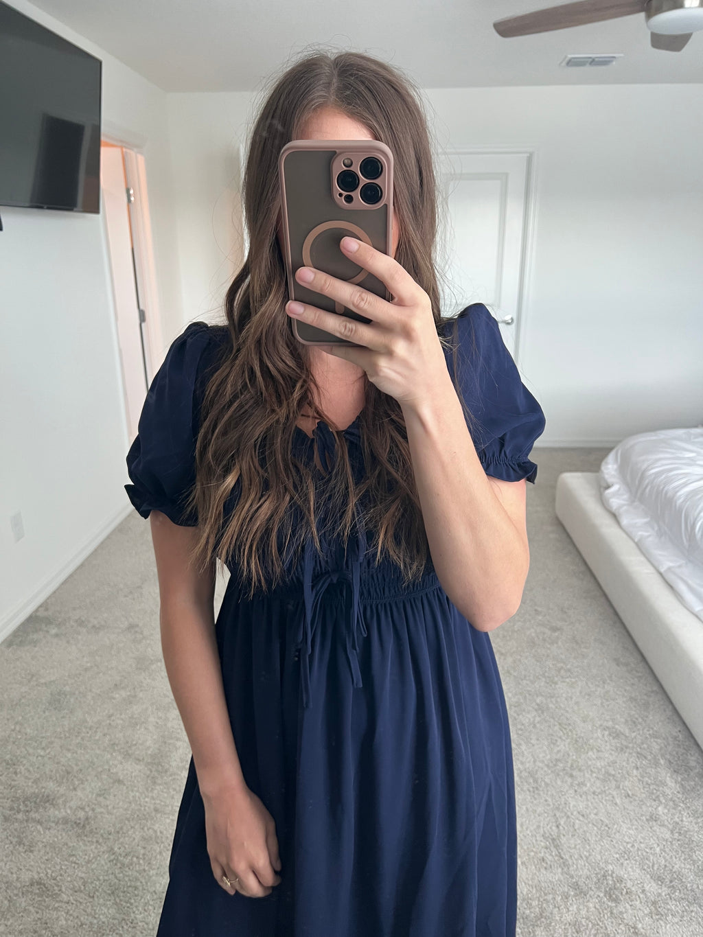Devan Puff Sleeve Midi Dress Navy