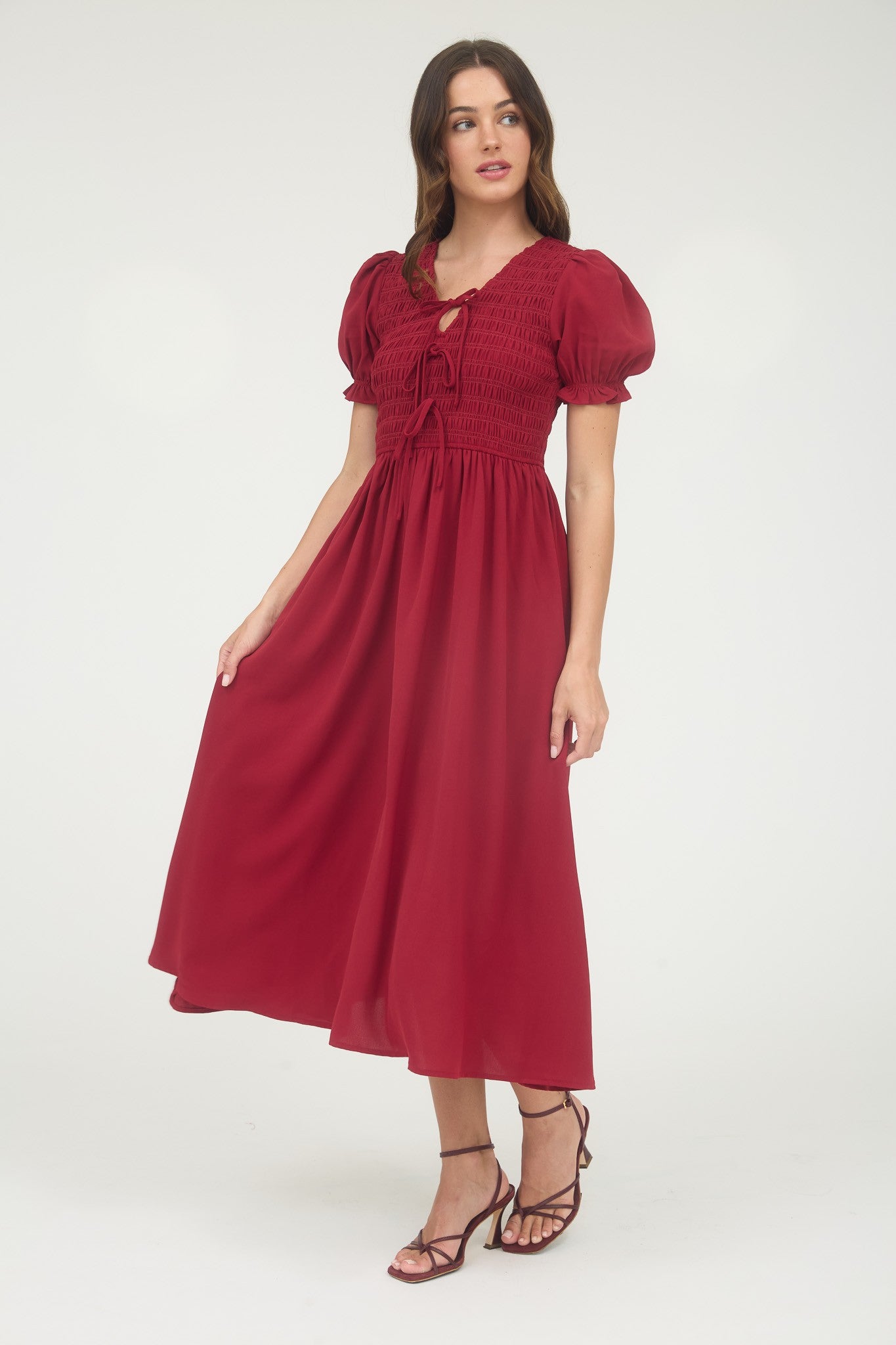 Devan Puff Sleeve Midi Dress Deep Red